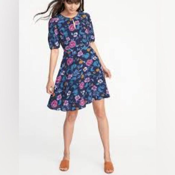 Old Navy Blue Floral Print Puff Sleeve Keyhole Dress Women’s Sz XXL Feminine - Picture 2 of 9
